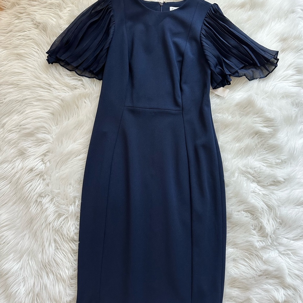 NWT Calvin Klein Navy Blue Pleated Sleeve Dress Small